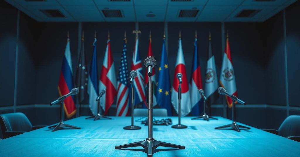 A press conference setting with microphones and flags in the background, conveying political tension.