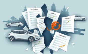 A dramatic illustration of a split business partnership, featuring abstract symbols of electric vehicles and government contracts.