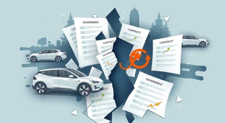 A dramatic illustration of a split business partnership, featuring abstract symbols of electric vehicles and government contracts.