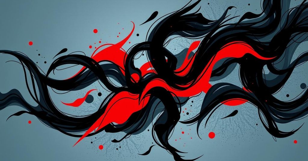A conceptual image symbolizing political tension with abstract shapes and dark tones representing unrest.