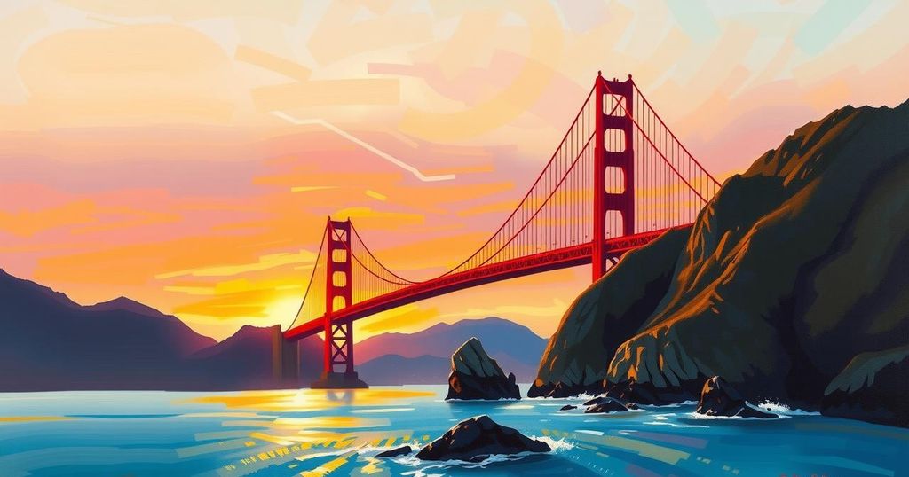 A landscape view of California, showcasing a sunset over the iconic Golden Gate Bridge in vibrant warm hues.