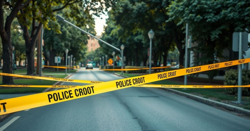 A police perimeter created with bright yellow tape at a crime scene, surrounded by trees and a serene urban park backdrop.