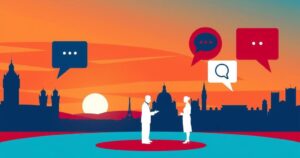 Dynamic debate scene illustrating political discussion with iconic skyline, bold colours and abstract formality.
