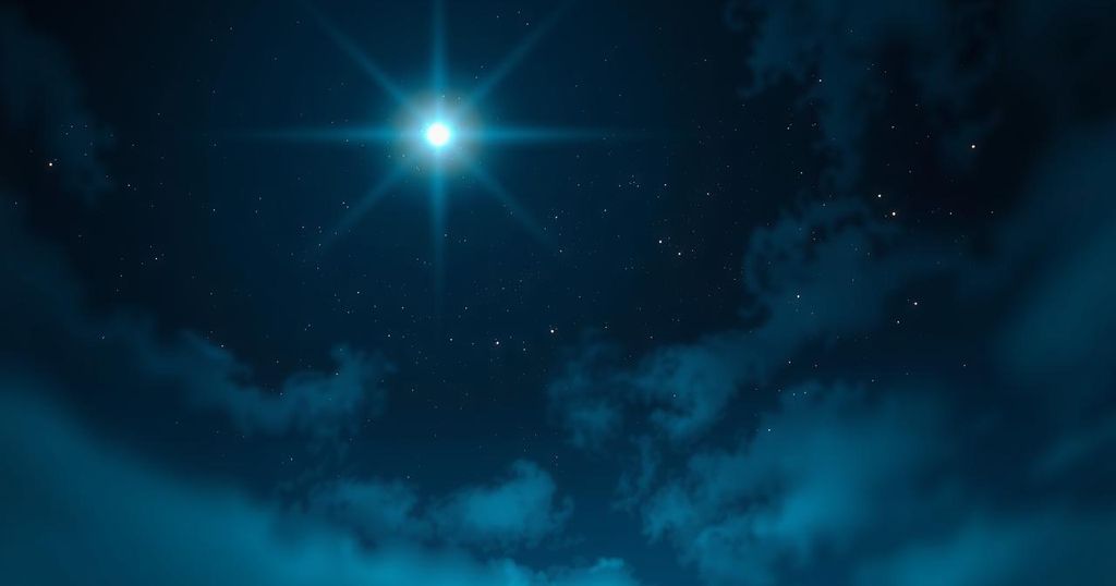 A dark night sky marked by a single glowing star, symbolising hope amidst political turmoil, in deep blues and blacks.