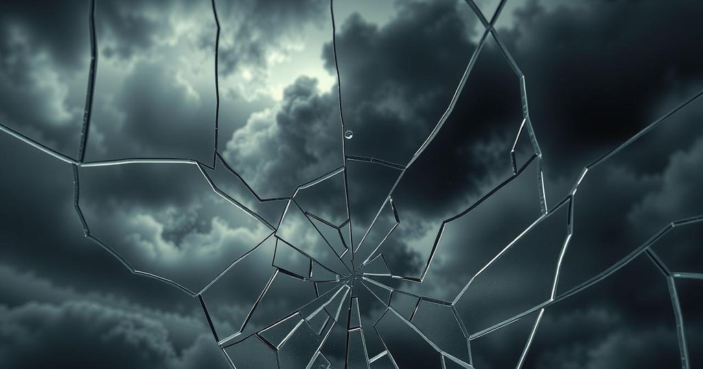 A political landscape with broken glass and dark clouds, symbolising growing fear and violence in political life.