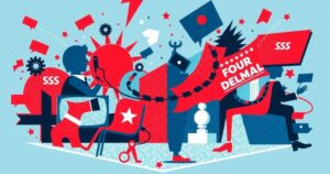 A tense debate setting with abstract symbols of politics and media, using bold red and blue tones