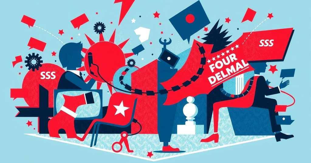 A tense debate setting with abstract symbols of politics and media, using bold red and blue tones