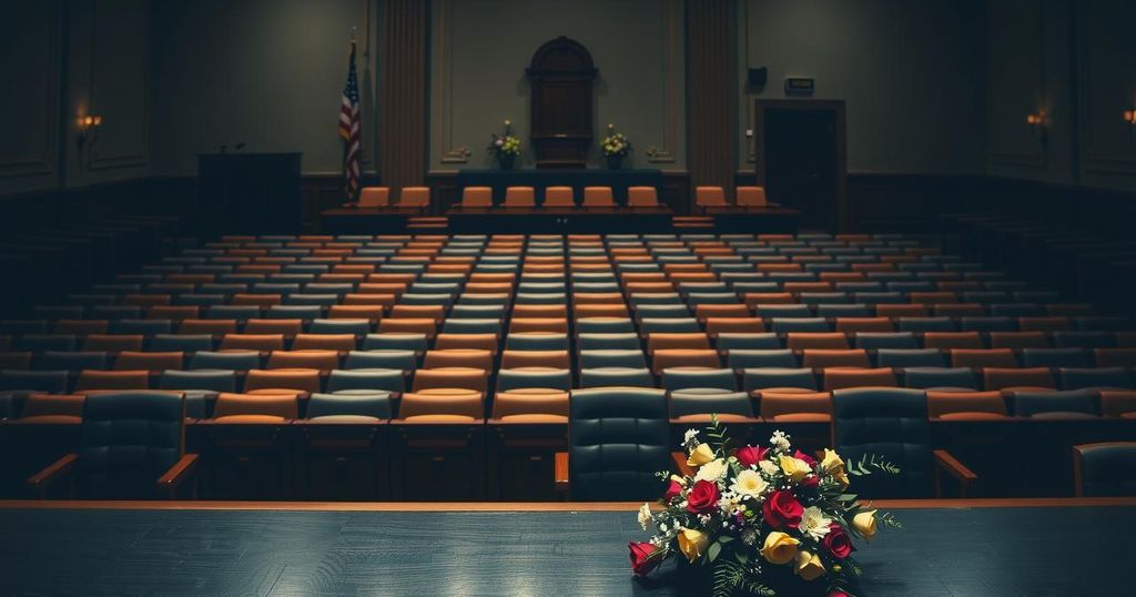 A sombre political scene showing an empty legislative chamber with dim lighting and flowers, symbolising loss and mourning.