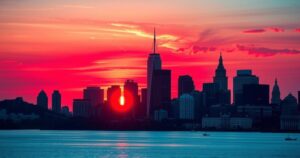 New Jersey state skyline with a split colour scheme, representing political choices and the governance landscape.