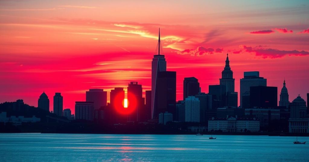 New Jersey state skyline with a split colour scheme, representing political choices and the governance landscape.