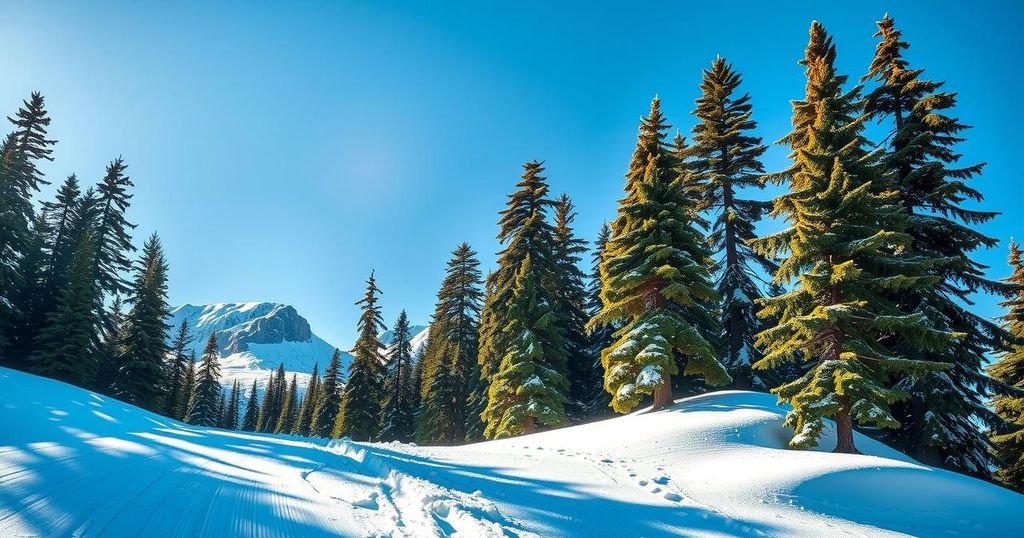 A serene ski slope in Colorado with lush pine trees and a clear blue sky, evoking a sense of adventure and nature.