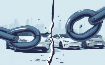 A conceptual illustration of a broken chain, symbolising a political split, with electric cars in the background.