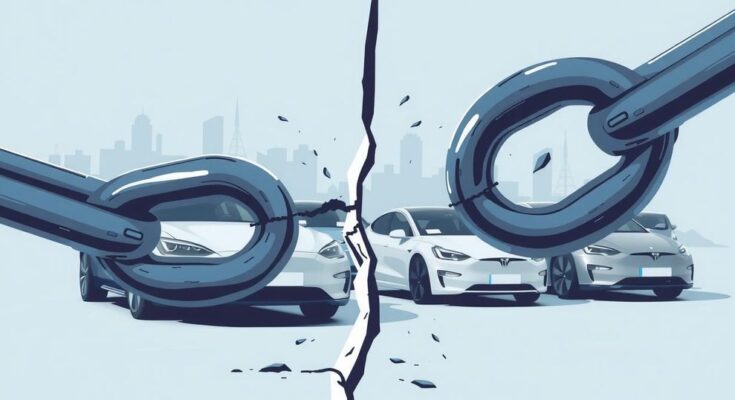 A conceptual illustration of a broken chain, symbolising a political split, with electric cars in the background.