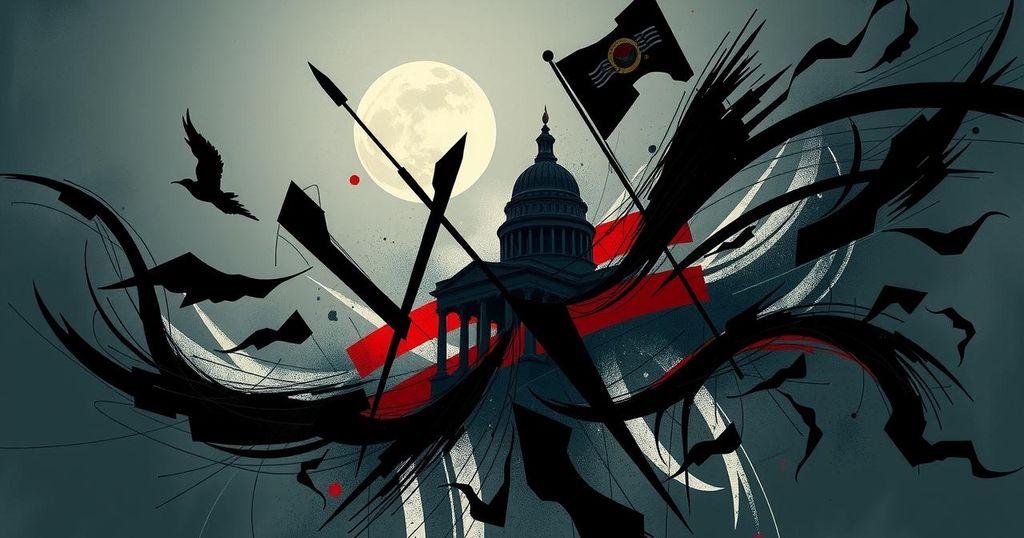 A solemn scene depicting a symbolic representation of political tension with muted colours and a dramatic, abstract style.