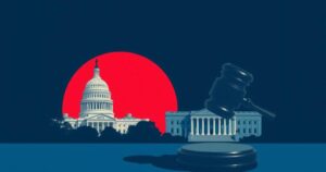 A political landscape featuring a symbolic gavel, a US Capitol silhouette, and a contrasting dark blue and light red colour scheme.