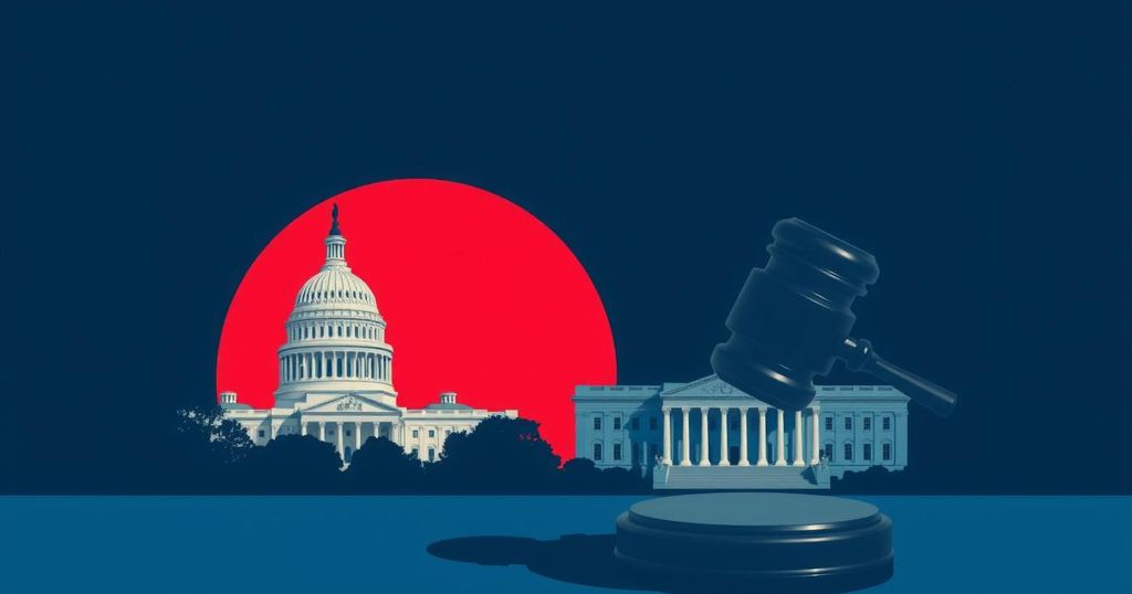 A political landscape featuring a symbolic gavel, a US Capitol silhouette, and a contrasting dark blue and light red colour scheme.