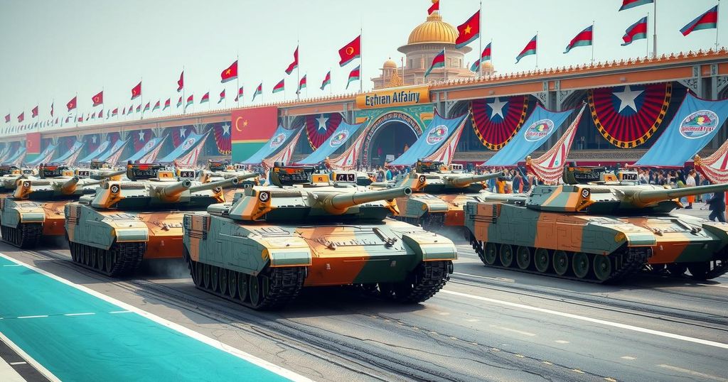 Military parade showcasing tanks and vehicles, celebrating Army's anniversary; a mix of patriotic colours in a grand display.