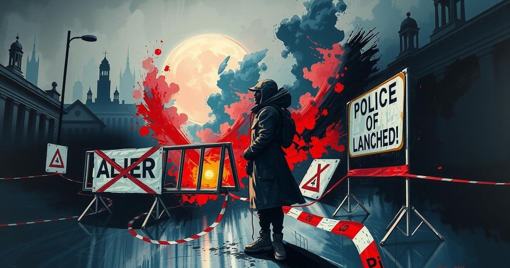 Surreal artistic depiction of a chaotic political landscape, mixing dark hues and stark contrasts, symbolising tension.