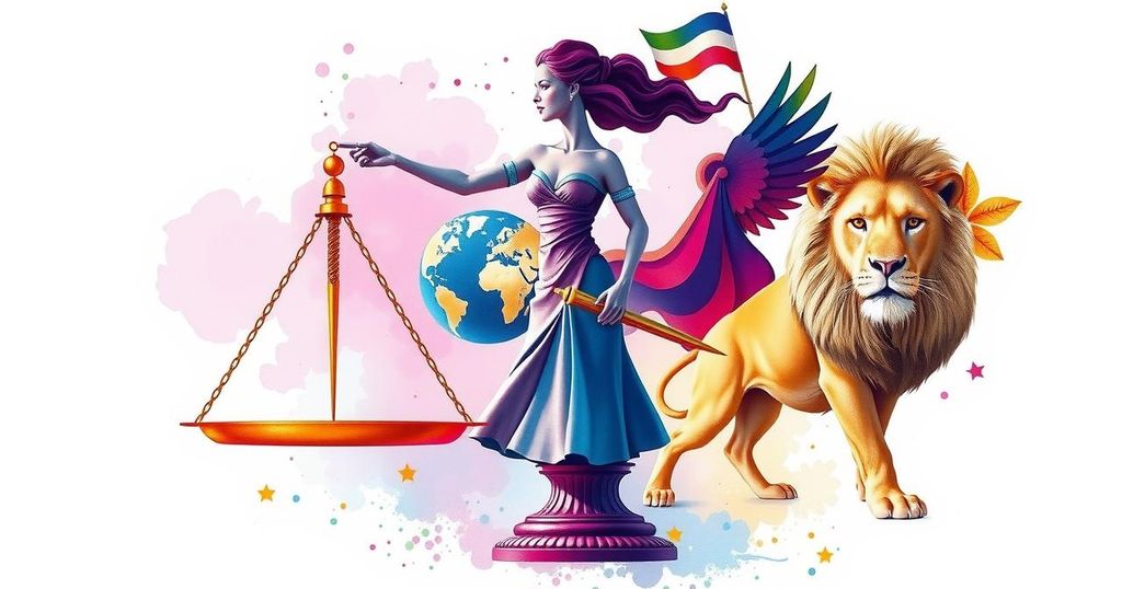 A conceptual artwork illustrating women's empowerment in politics with a diverse group of symbols representing equality and governance.