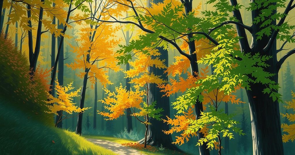 A dense forest displaying greenery and autumn leaves with a serene atmosphere, reflecting political tensions.