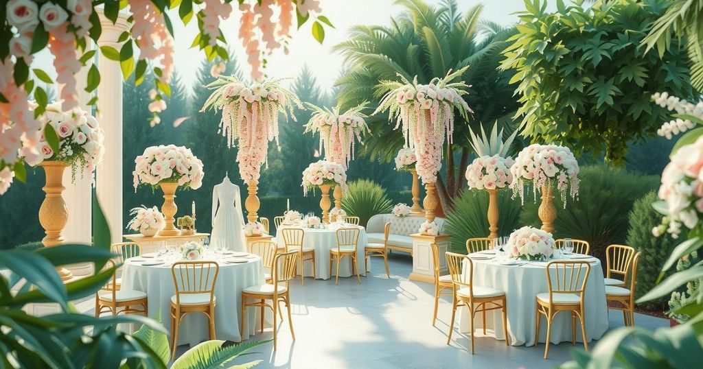 Opulent wedding scene featuring lavish decorations, floral arrangements, and elegant table settings in a garden setting.