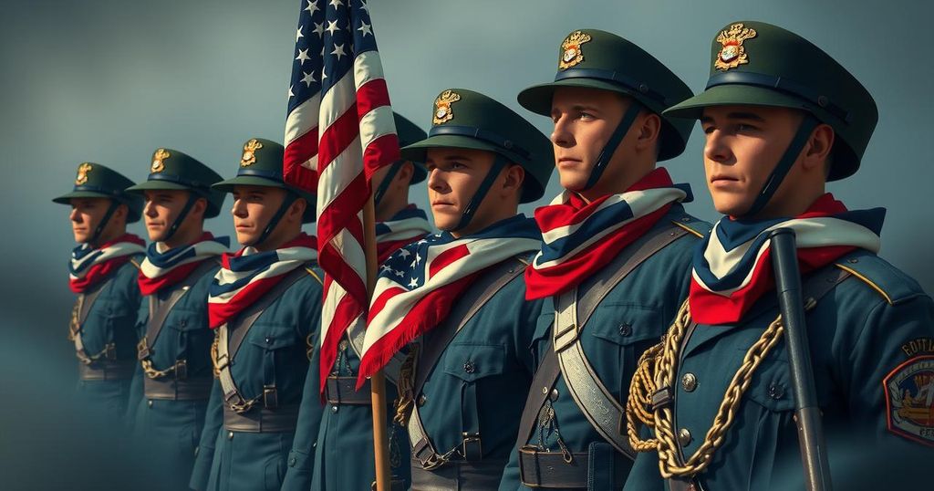Military scene showcasing soldiers in uniform with patriotic motifs, vibrant colours and a solemn atmosphere.