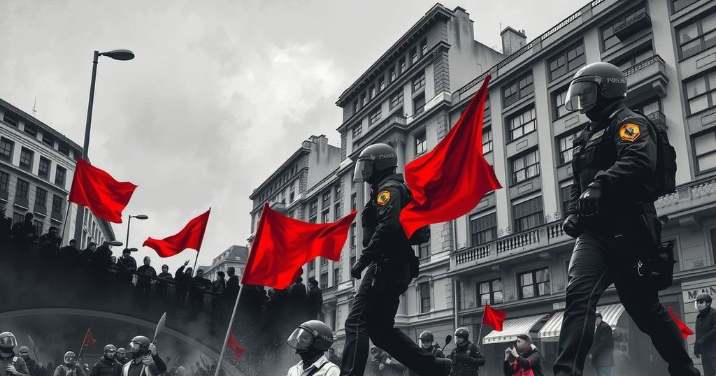 A dramatic view of a tense urban protest scene, featuring signs and police presence, under a grey sky.