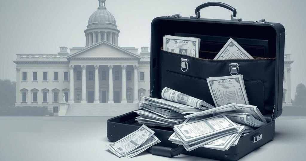 A conceptual image of money and politics with a briefcase and documents in a government setting