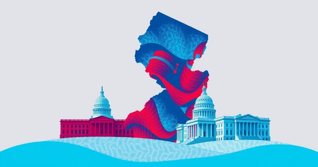 A political landscape featuring a symbolic representation of governance in New Jersey, illustrated with blue and red elements.
