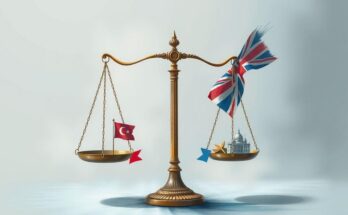 A visual representation of political divide featuring symbolic scales, flags, and abstract charts in muted tones.