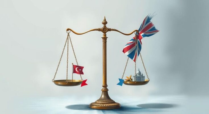 A visual representation of political divide featuring symbolic scales, flags, and abstract charts in muted tones.