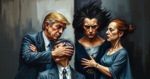 An abstract representation of political tension and family strife, with dark tones and sharp geometric shapes.