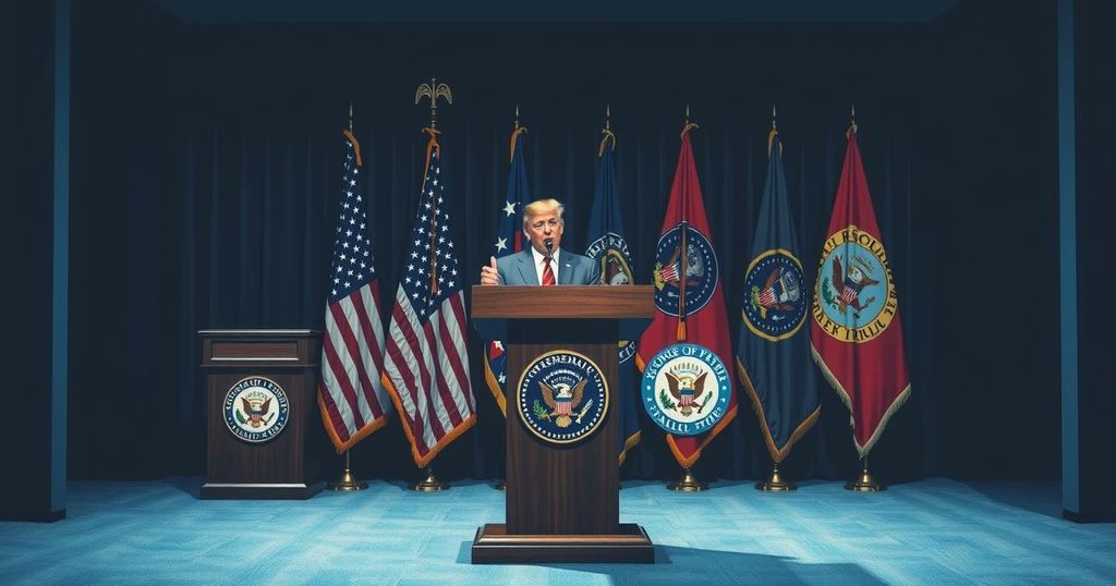 An intense political press conference scene with officials at a podium, focusing on immigration discussions.