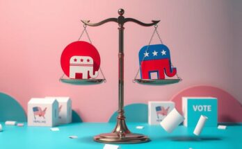 A dynamic political landscape depicting a balance between Republican and Democrat symbols amidst voting elements.