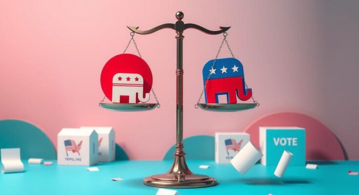 A dynamic political landscape depicting a balance between Republican and Democrat symbols amidst voting elements.