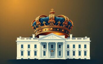 A conceptual artwork of a crown with a silhouette of the White House in the background, using a regal colour scheme.