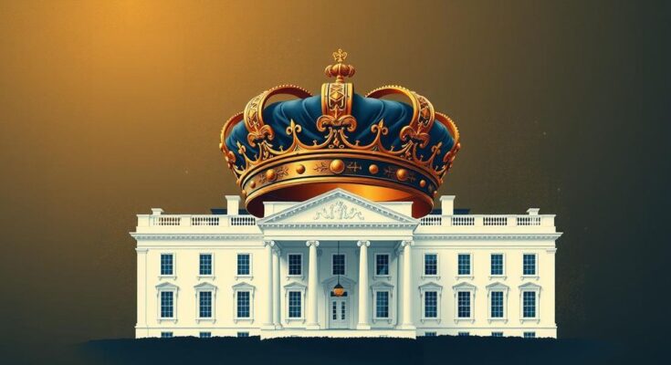 A conceptual artwork of a crown with a silhouette of the White House in the background, using a regal colour scheme.