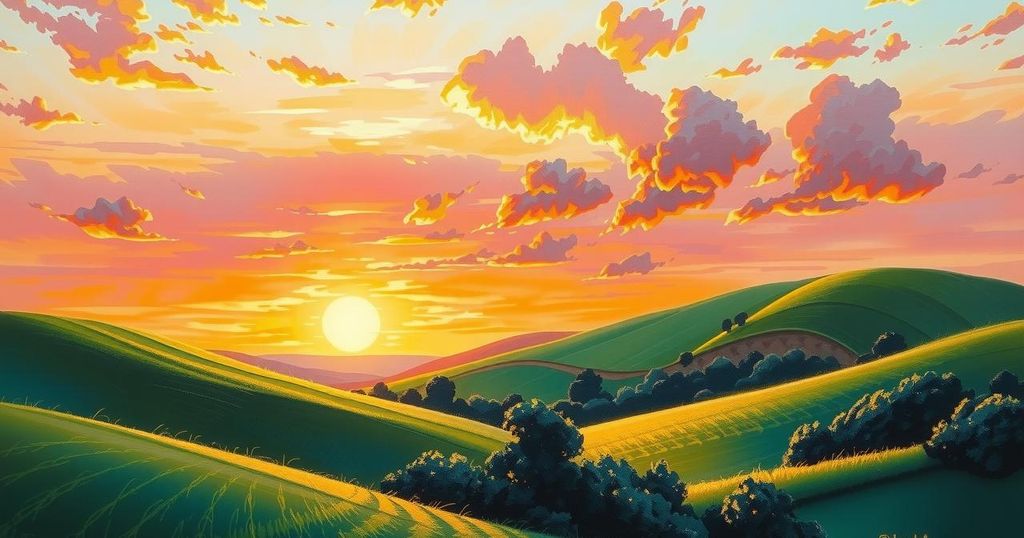 A serene landscape of rolling hills under a vibrant sunset sky, illustrating peace and reflection.