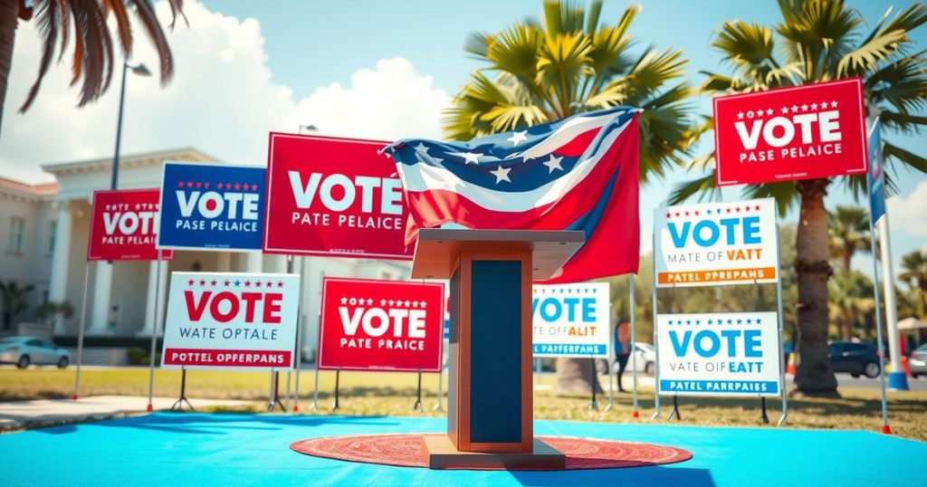 A political campaign scene with campaign signs, a podium, and vibrant banners in red and blue.