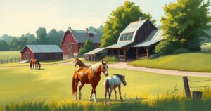 A tranquil equestrian farm setting with horses and barn, symbolizing family life and challenges.
