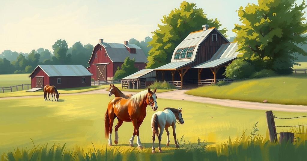 A tranquil equestrian farm setting with horses and barn, symbolizing family life and challenges.