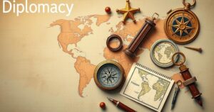 A symbolic representation of diplomacy with maps, compasses, and global icons in muted earth tones.