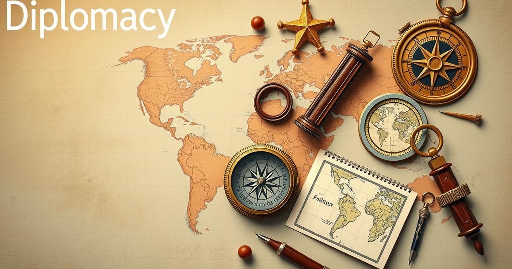 A symbolic representation of diplomacy with maps, compasses, and global icons in muted earth tones.