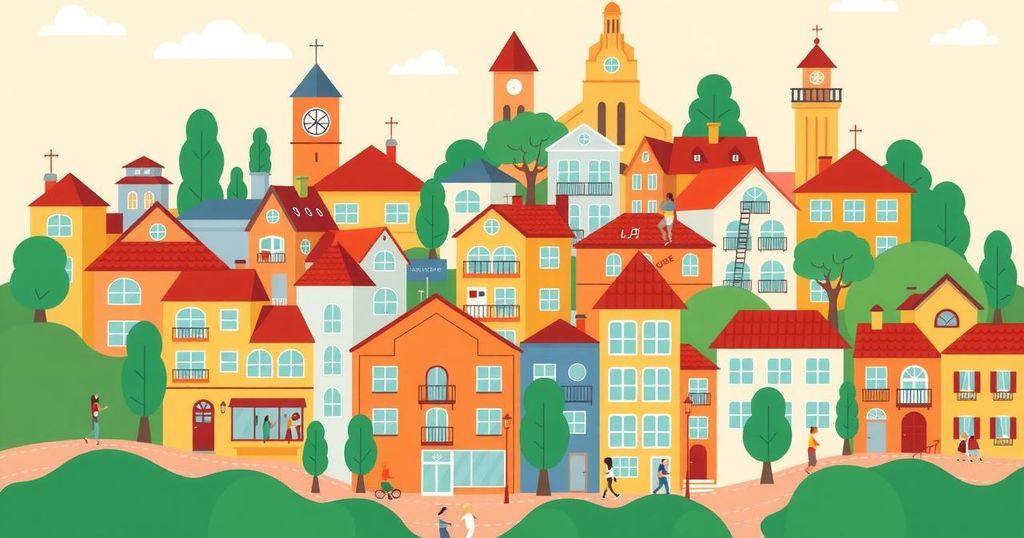 A vibrant cityscape filled with diverse homes and workplaces, symbolising community and inclusivity.