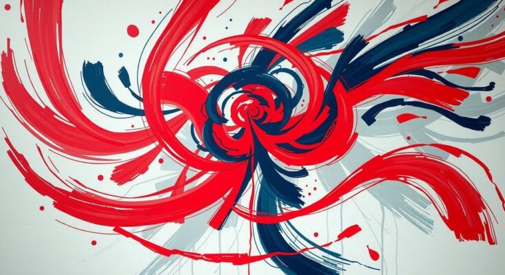 A dynamic depiction of political chaos with swirling colors representing change and uncertainty in America.