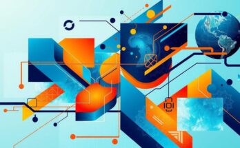 A unique digital collage merging abstract elements symbolising change and technology, using vibrant blues and oranges.