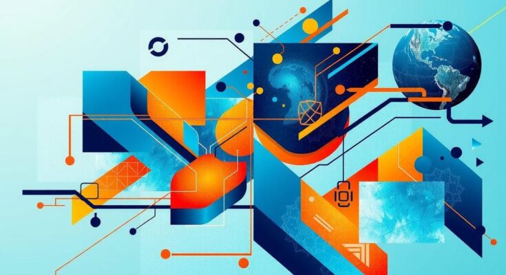 A unique digital collage merging abstract elements symbolising change and technology, using vibrant blues and oranges.