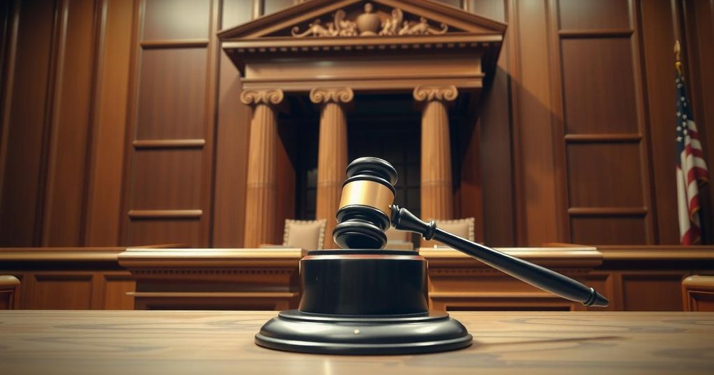 A gavel resting on a Supreme Court bench, symbolising justice with an elegant wood texture and a warm colour palette.