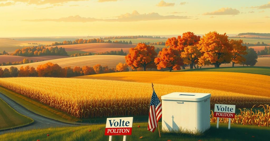 A graphic representation of Iowa's political landscape with campaign symbols and autumn colours.