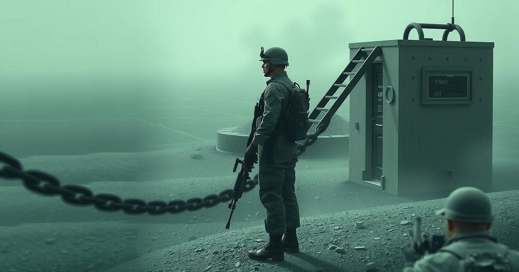 A soldier standing guard in a military landscape, with a subdued colour palette and a modern surrealism style.